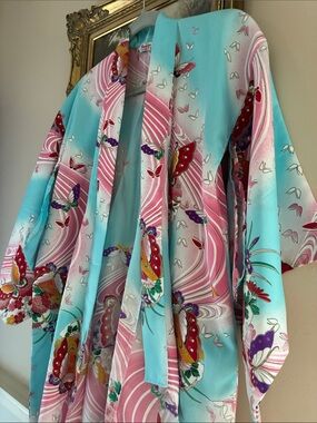 Japanese Weekend Turquoise Pink Butterfly Satin Robe/Kimono